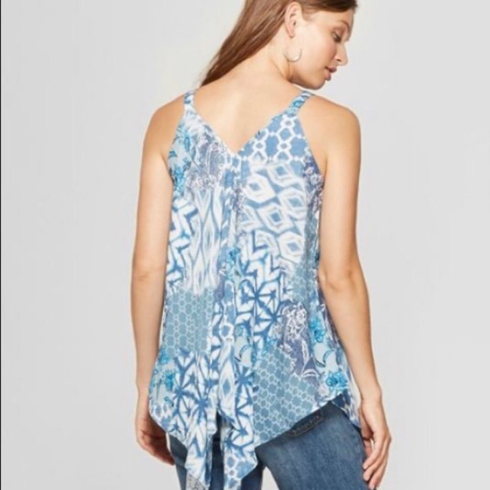 Boho Print Handkerchief Hem Tank Top Navy Blue Small